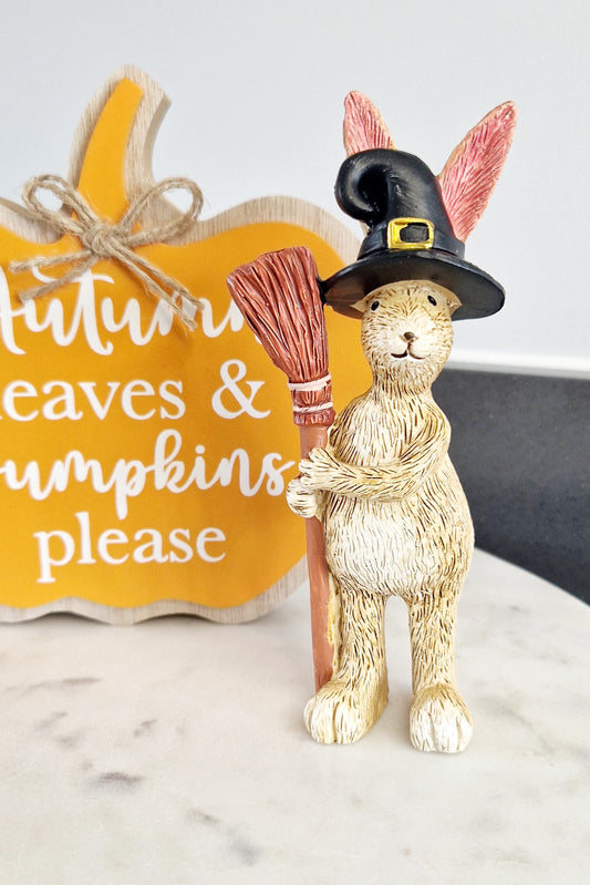 Standing halloween rabbit decoration with witches hat and broom