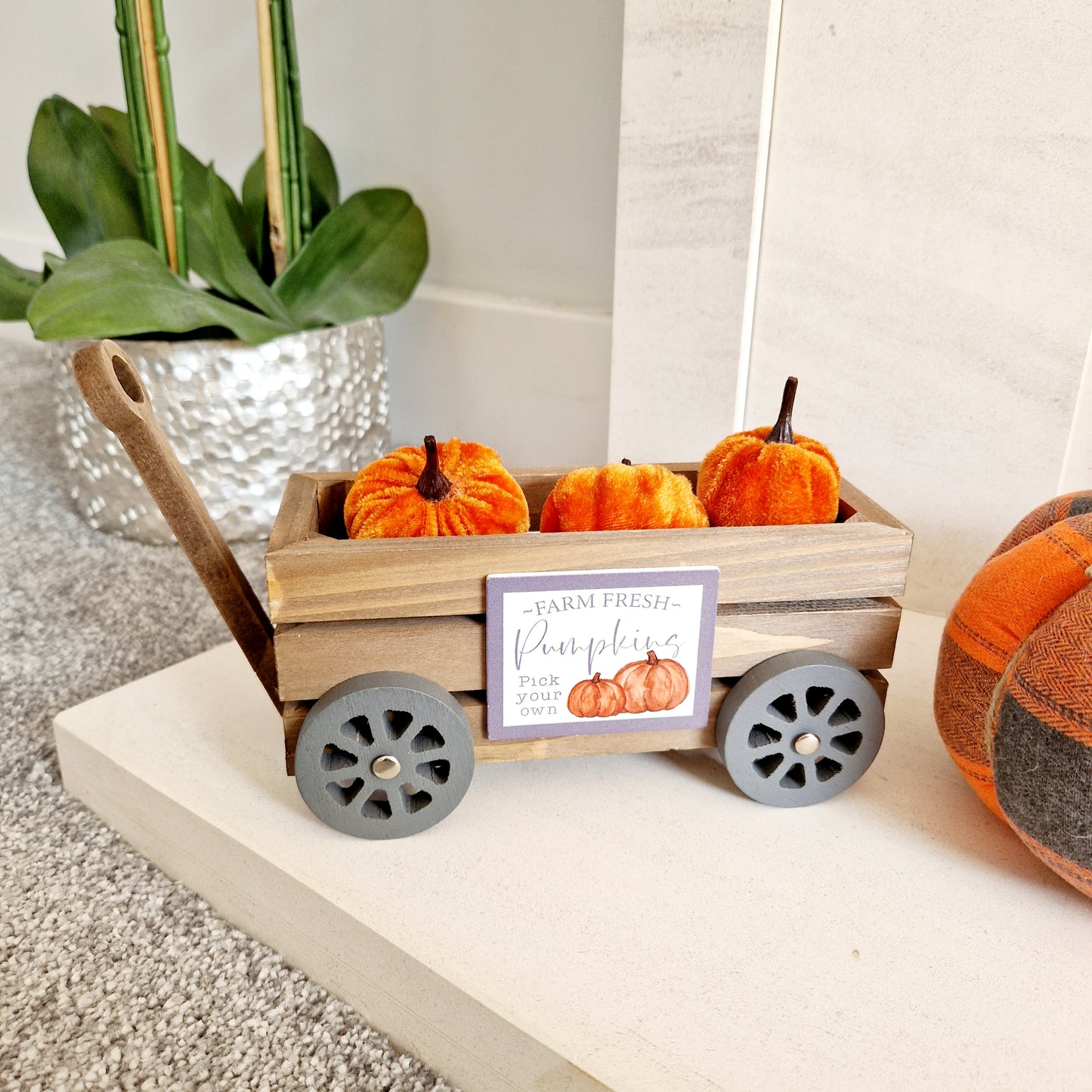 Farm fresh mini pumpkin cart with moveable wheels and wooden handle