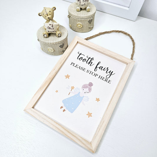 tooth fairy please stop here wooden sign plaque with jute string rope