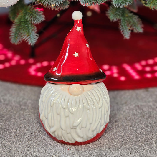 xmas gonk canister red ceramic with a starry hat