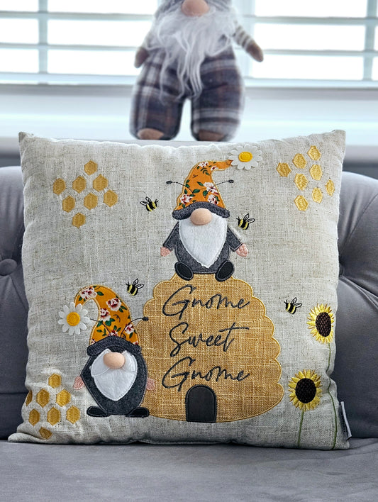 Gnome Sweet Gnome Applique cushion with gonks, bees and florals
