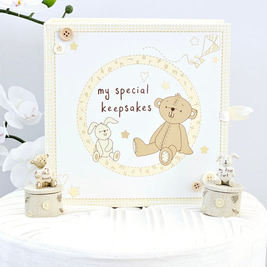Button corner children's special keepsake cardboard draws box with teddy's and ribbon