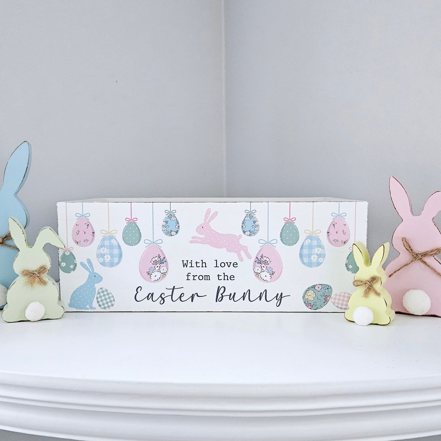 with love from the easter bunny wooden crate with pastel bunnies and egg decoration