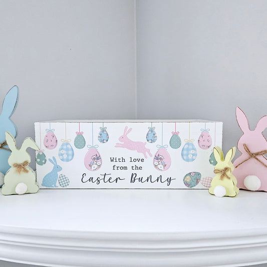 with love from the easter bunny wooden crate with pastel bunnies and egg decoration