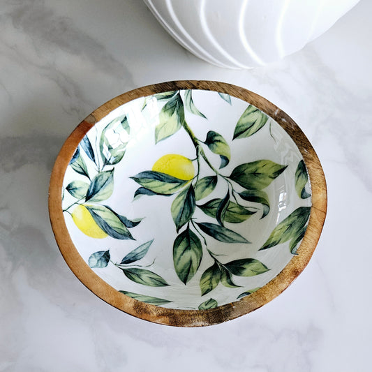 handcrafted lemon and leaves mango wooden bowl