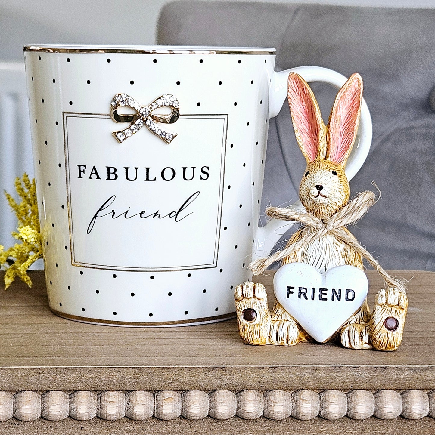 Fabulous friend mug with diamonte bow and black spots