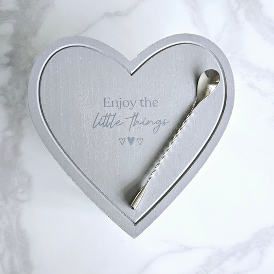 Grey Heart display styling tray with wording enjoy the little things and 3 mini hearts 