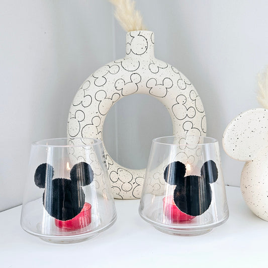 Mickey Mouse black head glass tea light holders set of 2 
