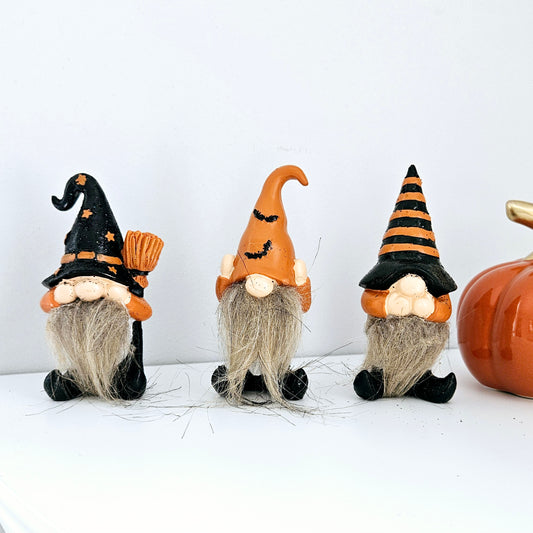 see hear and speak no evil gonk halloween trio in black and orange and hairy beards small figurines