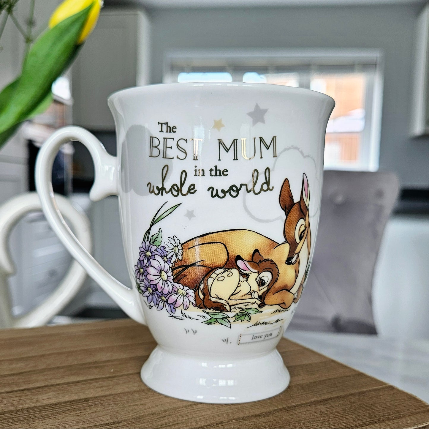 Disney Bambi the best mum in the world mug with lilac flowers illustration