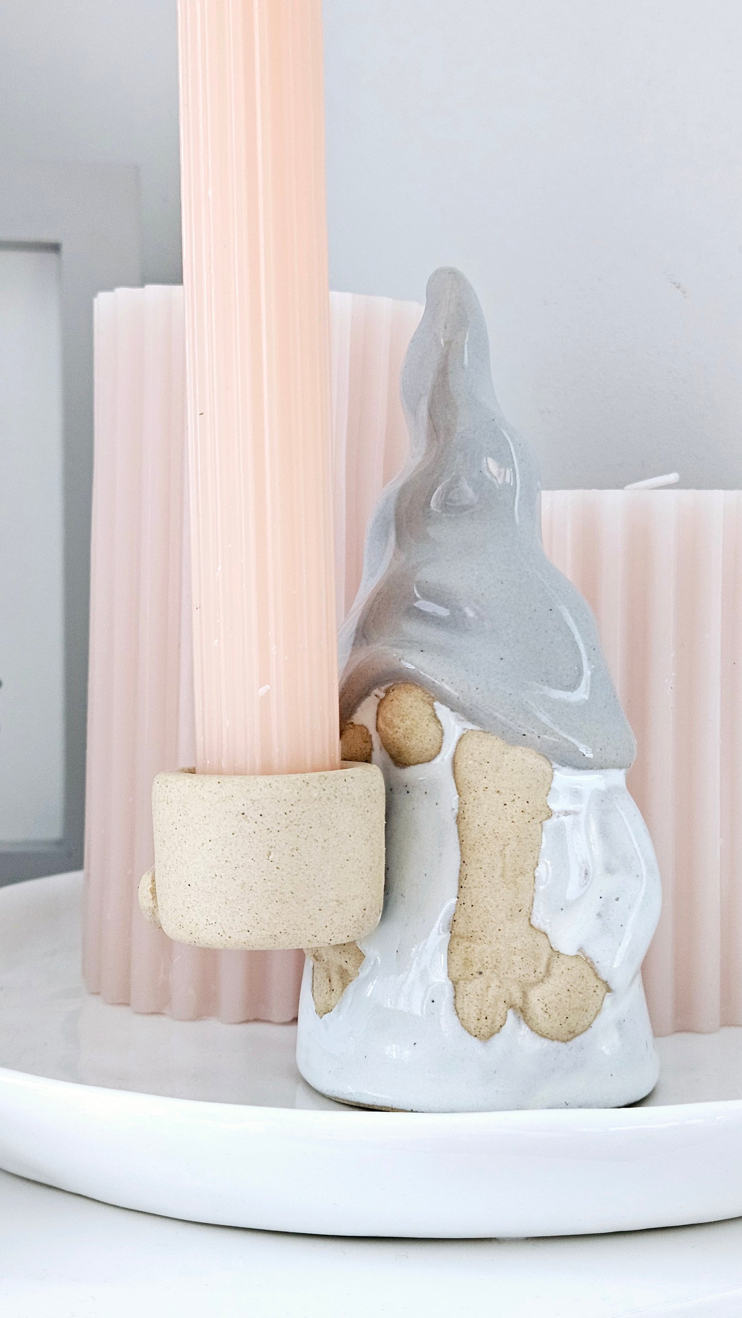 ceramic gnome candle stick holder white stone and grey