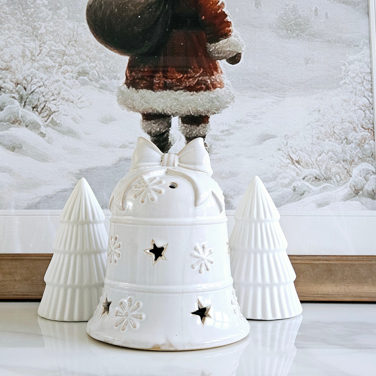 Led white Bell Ornament Large with statement and bow details