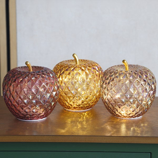 14cm LED textured glass apple ornament with warm lights in assorted colours for elegant home décor