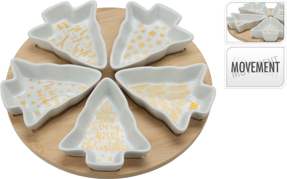 Bamboo christmas tree serving set with 5 trees that slot into place christmas details in gold