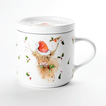highland cow mug and coaster set jan pashley festive mug with santa hat on the cow design