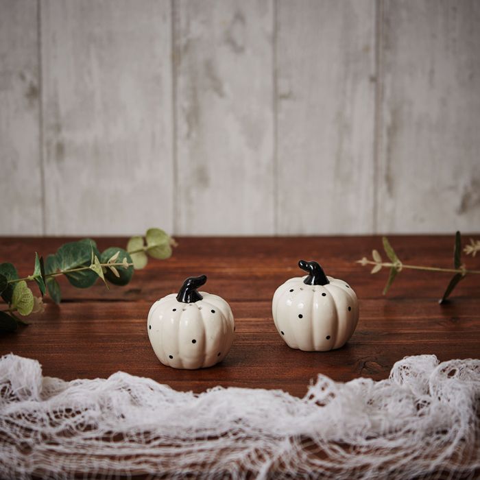Monochrome pumpkin salt and pepper shaker set in black and white ceramic for Halloween kitchen and table décor.