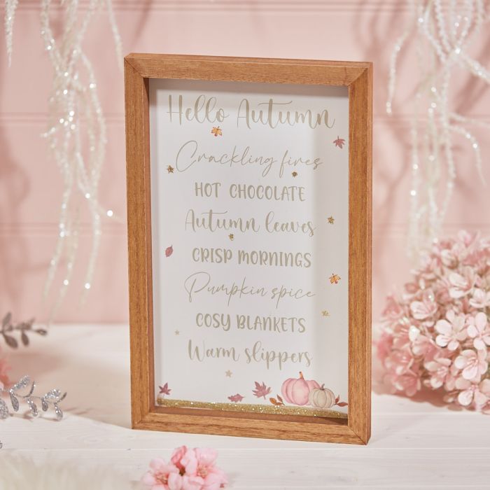 hello autumn pink pumpkin wooden framed plaque with font