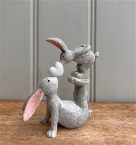 grey kissing bunnies mum and baby with white heart decoration 10cm