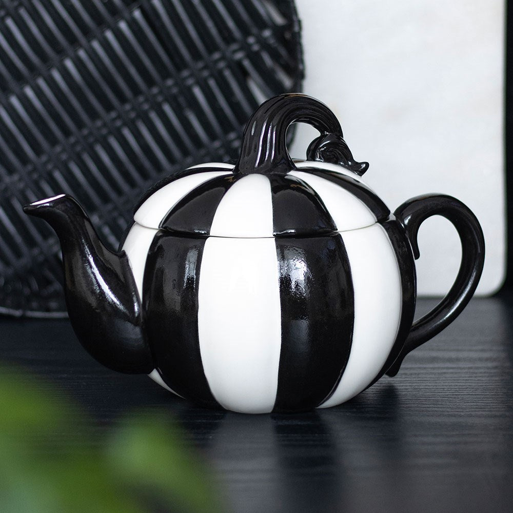 Black and white striped pumpkin teapot for Halloween and gothic home decor