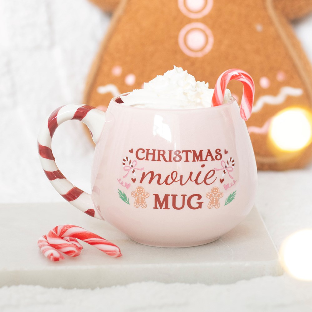 Pink Christmas Movie Mug ceramic festive mug for hot chocolate, coffee and cosy Christmas movie nights