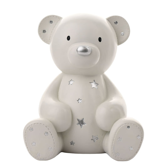 bambino large 20cm teddy bear money box with silver cut out stars design