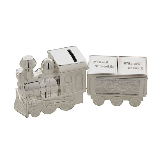 bambino silver plated train money box with first tooth and first curl boxes attached