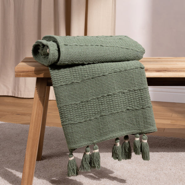Caliche Woven Tasselled Throw Khaki with tassels 130cm