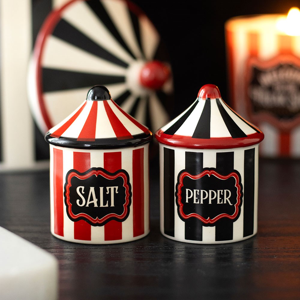 Circus tent salt and pepper shakers ceramic novelty set for fun kitchen and dining table décor.