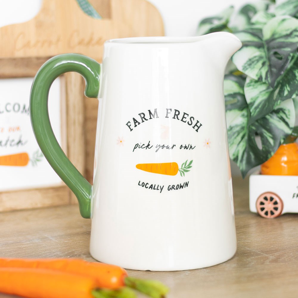 farm fresh jug vase white and green handle with carrot on the front