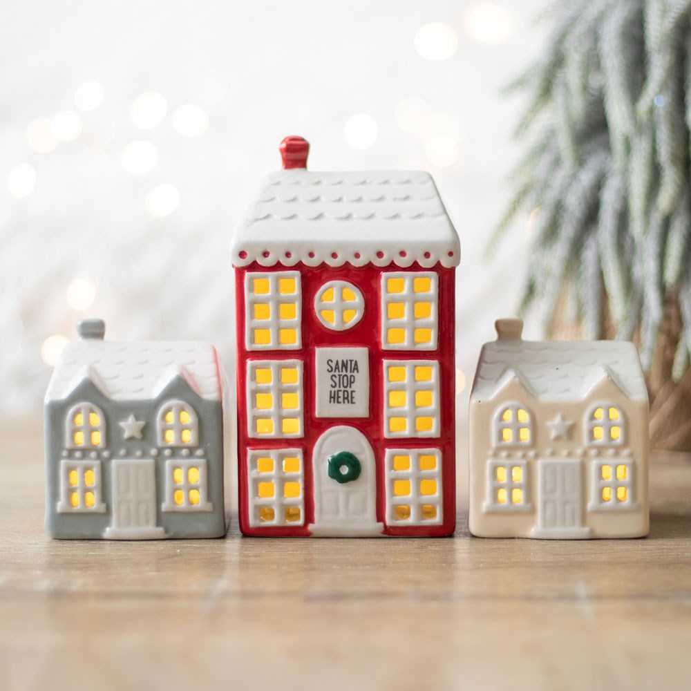 set of 3 christmas houses led red white and green santa stop here