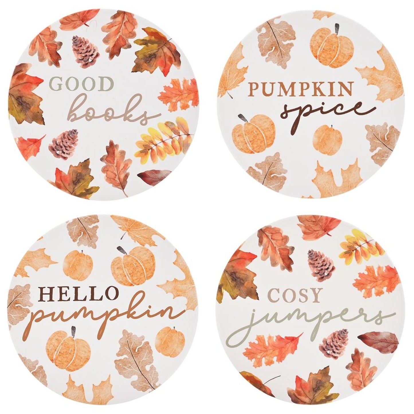 set of 4 ceramic autumn round coasters with featured writing