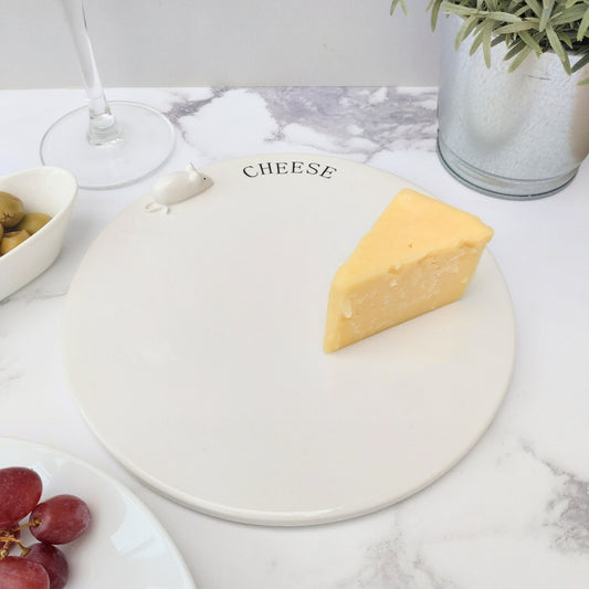ceramic round cheese plate with mouse in white and black 