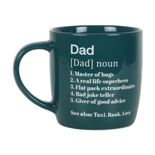 Green dad definition mug with white text taxi, bank, love