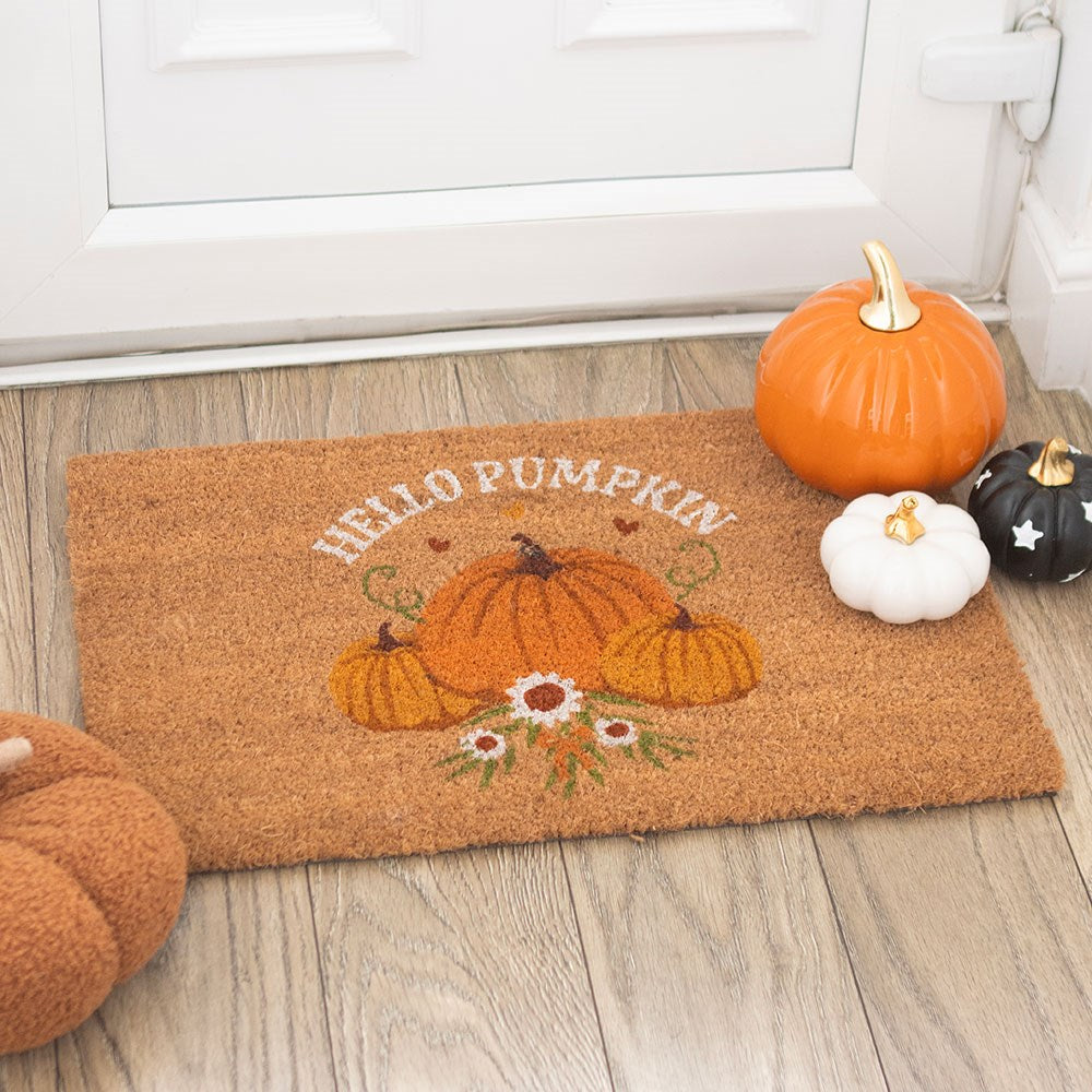 coir Doormat with 'Hello Pumpkin' text and pumpkins 60cm