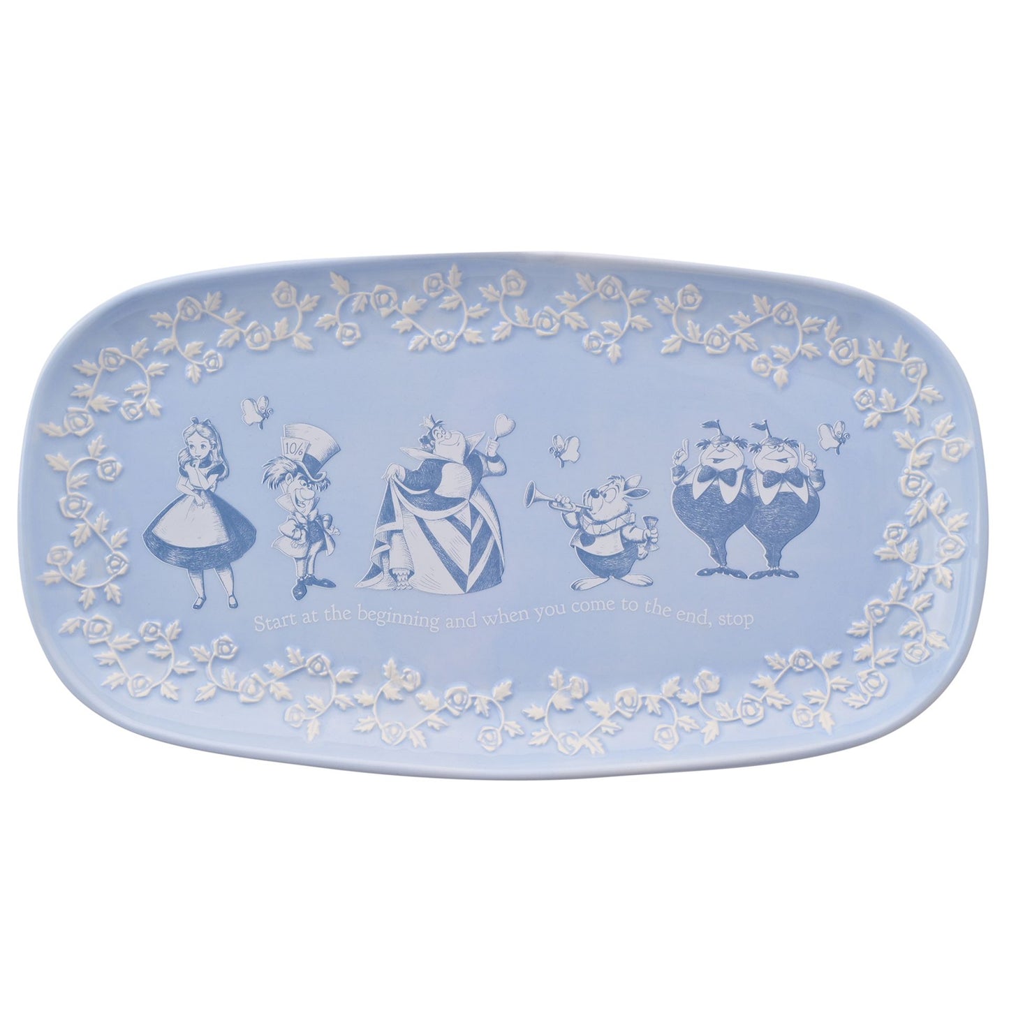 Alice in wonderland serving plate embossed detail and main characters illistrations