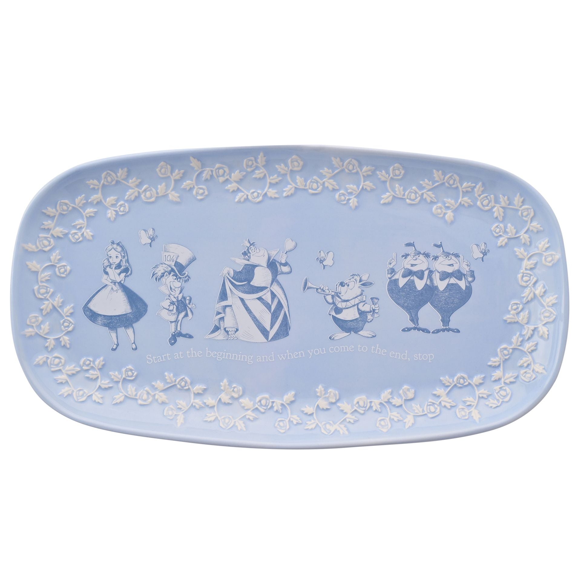 Alice in wonderland serving plate embossed detail and main characters illistrations