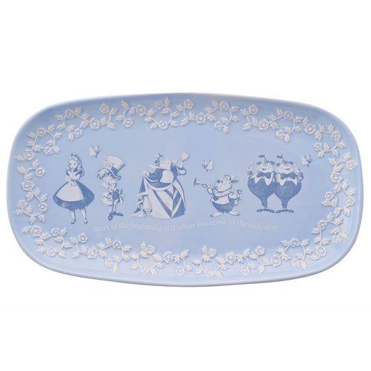 Alice in wonderland serving plate embossed detail and main characters illistrations 