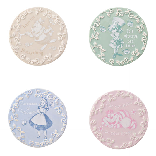 set of 4 disney Alice in wonderland ceramic coasters in different colours and images with embossed details