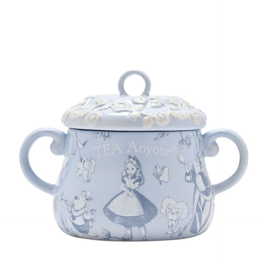 Alice in wonderland disney tea caddy storage embossed  with Alice details in blue and white 