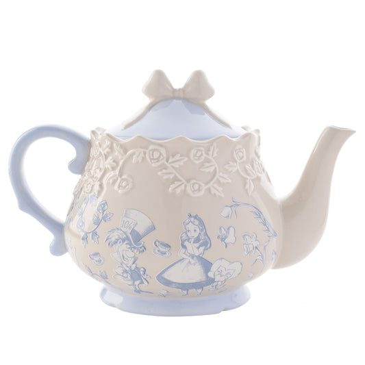 Alice in wonderland disney teapot with bow lid white and blue embossed detail desighn