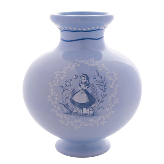 Alice in wonderland vase in light blue featuring 4 characters