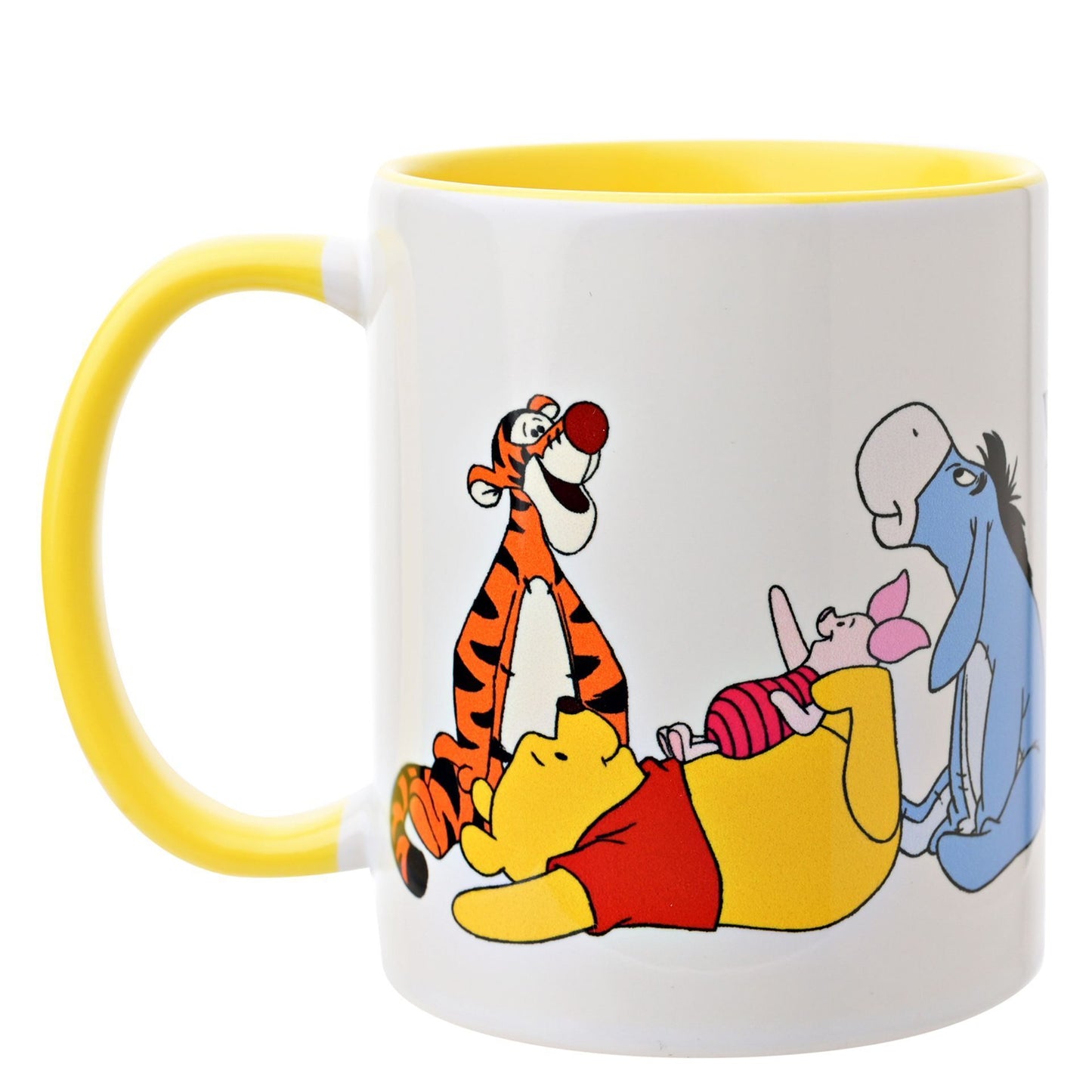 Winnie the Pooh and friends disney mug in gift box with yellow handle and inside on a white mug with pooh characters