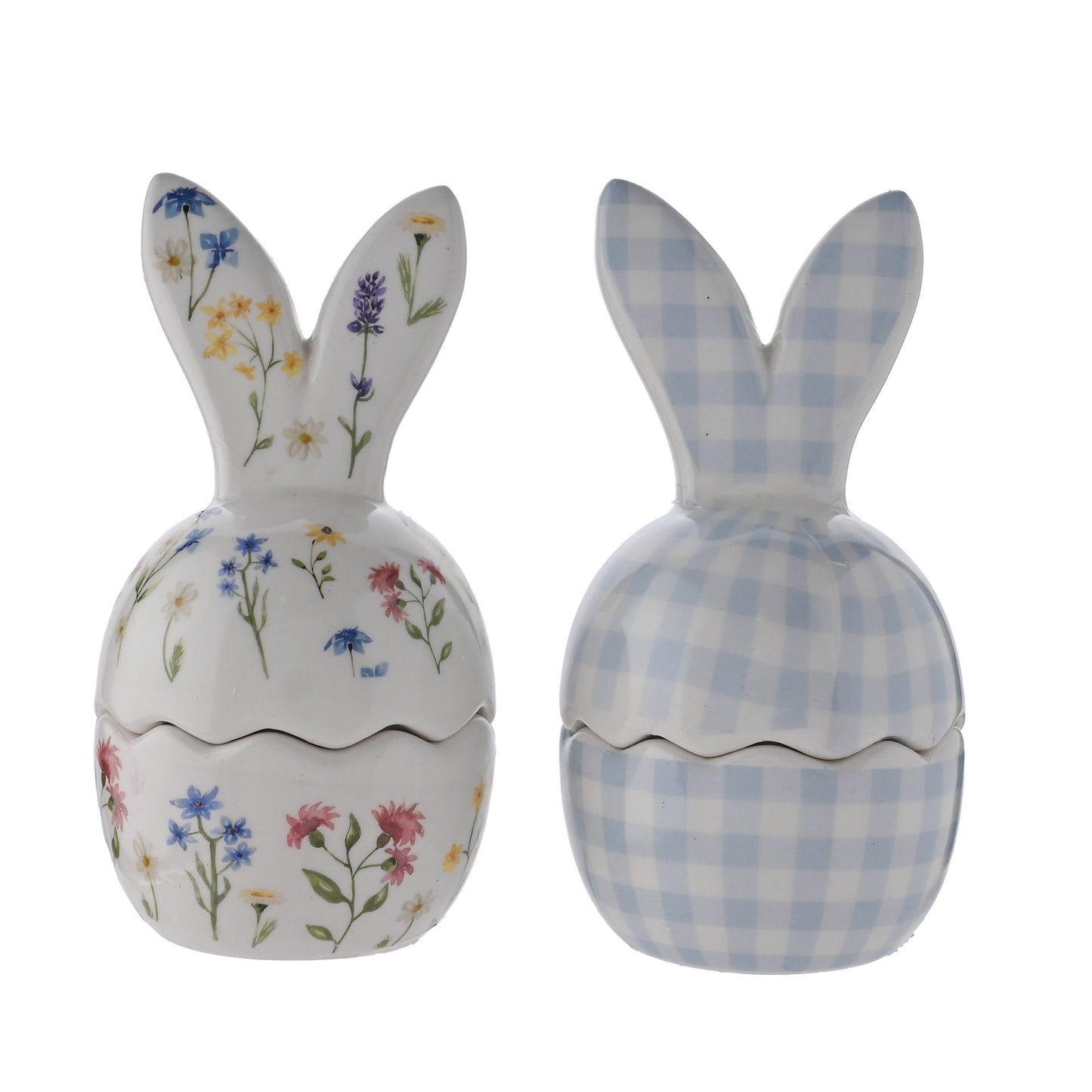 set of 2 gingham and floral designed egg cups with bunny ears