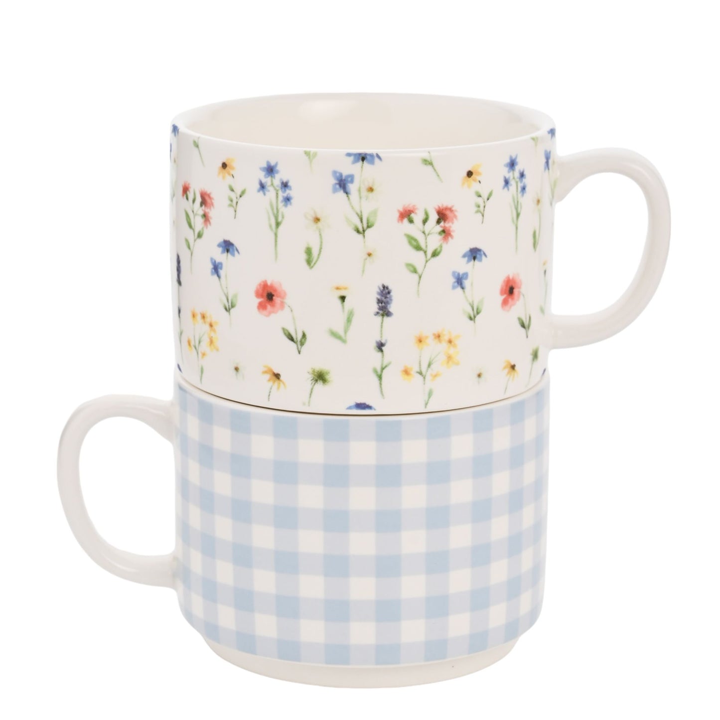 set of 2 stacking mugs with gingham blue and white design and floral design
