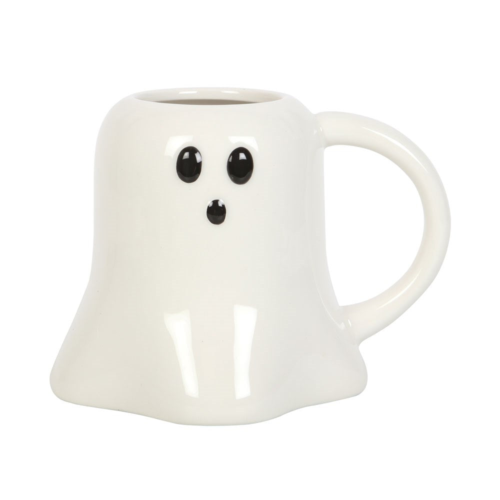 white ghost mug with black eyes and nose