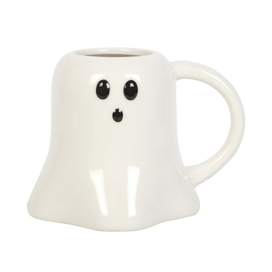 white ghost mug with black eyes and nose 