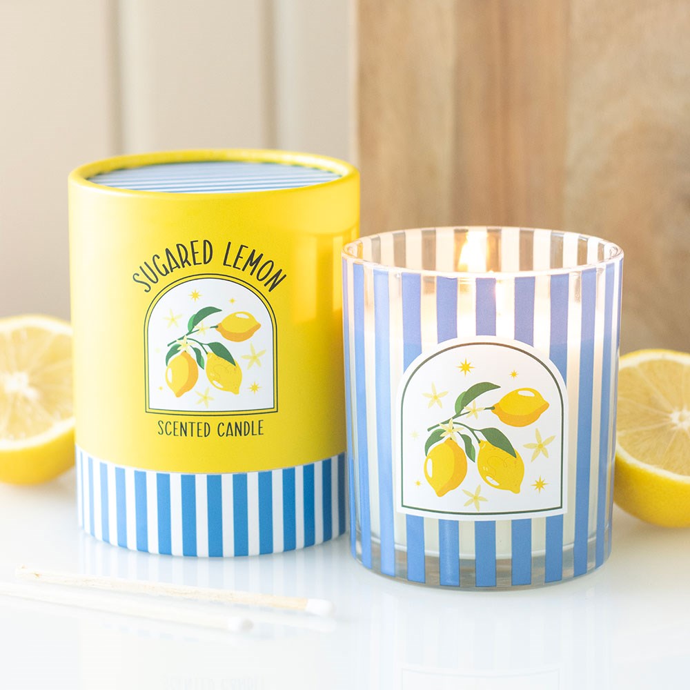 Sugared Lemon scented candle with blue striped packaging