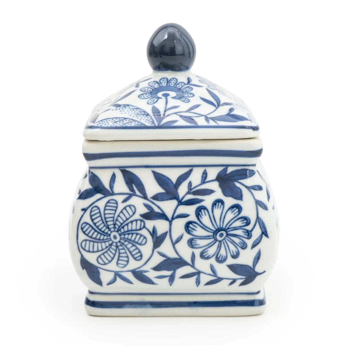 SUMATRA GINGER JAR 7" BLUE AND WHITE PATTERN SQUARE SHAPE
