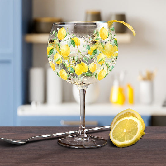 Lemon grover gin glass with lemon prints all over