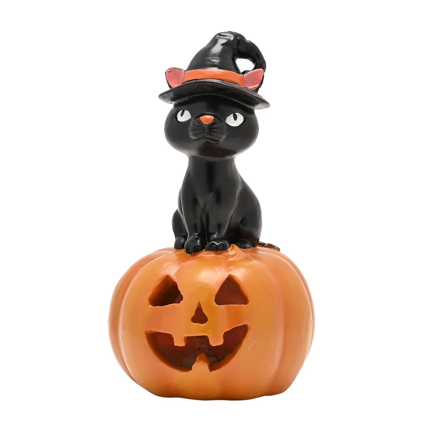 Black cat figurine on a pumpkin with a witch hat on 17cm